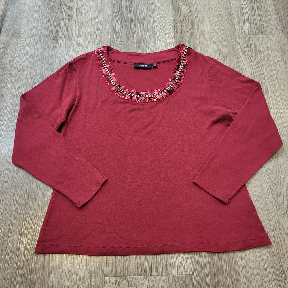 Apt. 9 Petite M Women's Long Sleeve Blouse Sequins /Beaded Cherry Red - Picture 4 of 10